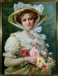 Elegante Dame mit einem Rosenstrauß